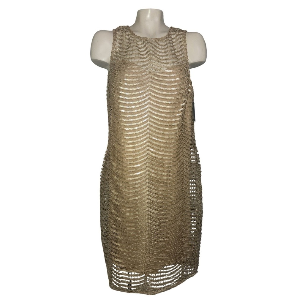 Marina NEW Gold‎ Sequin Lace Sleeveless Sheath Dress 14 Luxury designer wedding